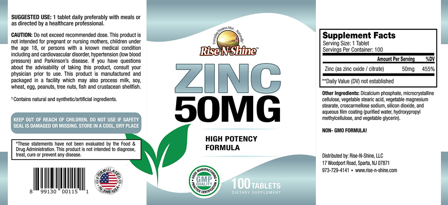 Rise-N-Shine Zinc Supplements 50 mg Tablets, Immune Support, 100 Count