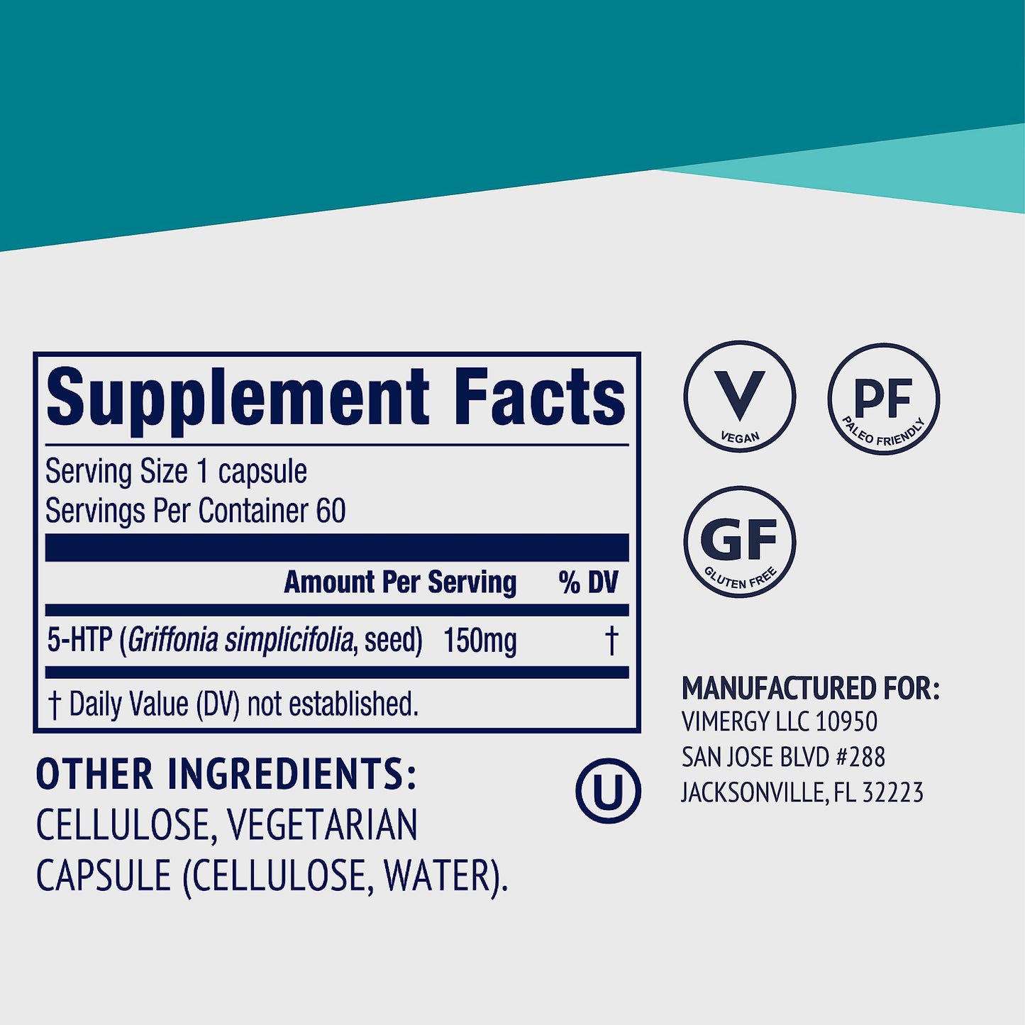 Vimergy 5-HTP for Healthy Sleep 150 mg Per Serving Capsules 60 Count