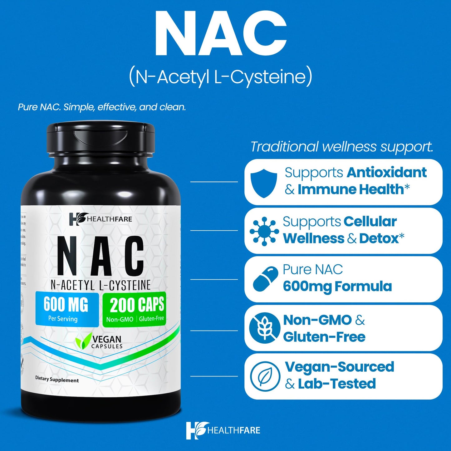 Healthfare NAC N-Acetyl L-Cysteine Supplement 600mg Capsule, 200 Count