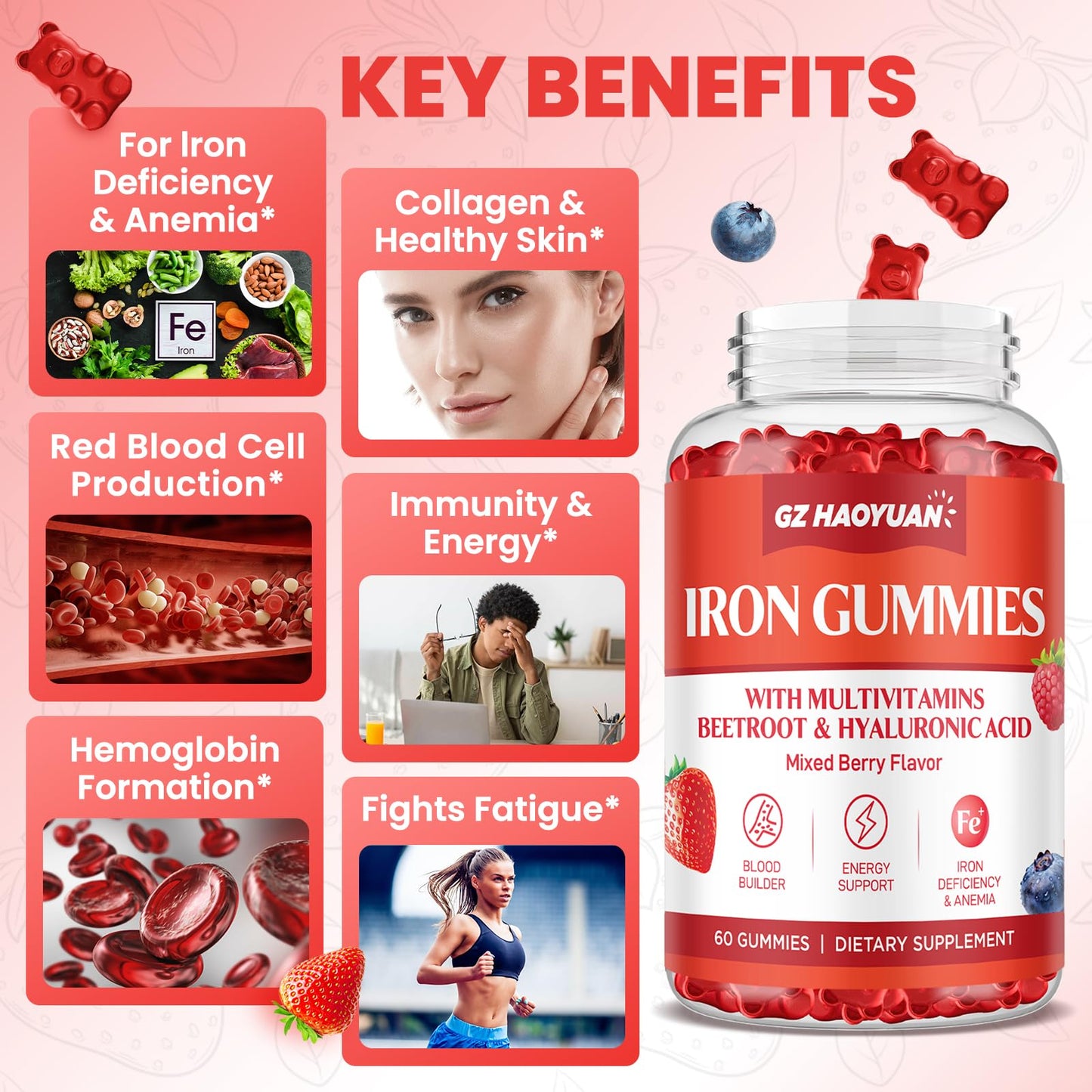 GZ HAOYUAN Iron Gummies with Multivitamin Gummies 60