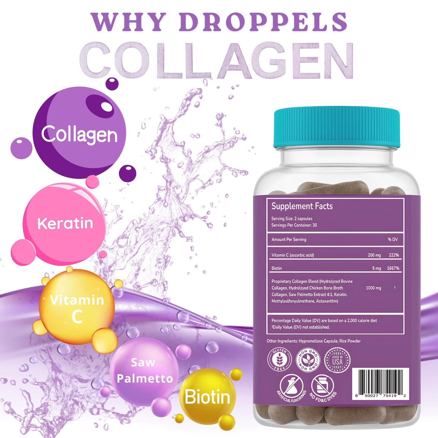 Droppels Collagen Capsules – Advanced Collagen + Biotin + Keratin + Vitamin C – Hair, Skin, Nails & Joints Support, 60 Count