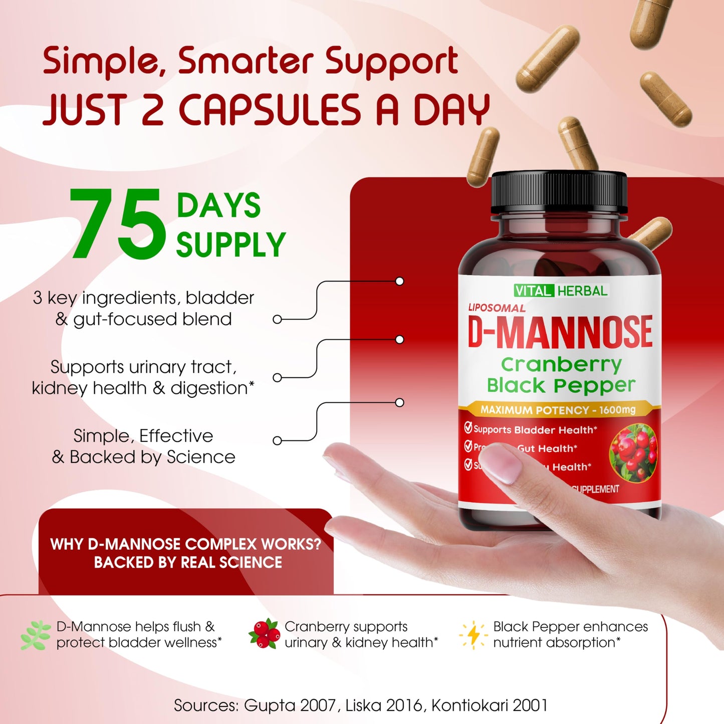 VITAL HERBAL Liposomal D-Mannose with Cranberry & Black Pepper – High Absorption Formula – Supports Urinary Balance, Digestive Comfort & Daily Wellness Capsules, 150 Count