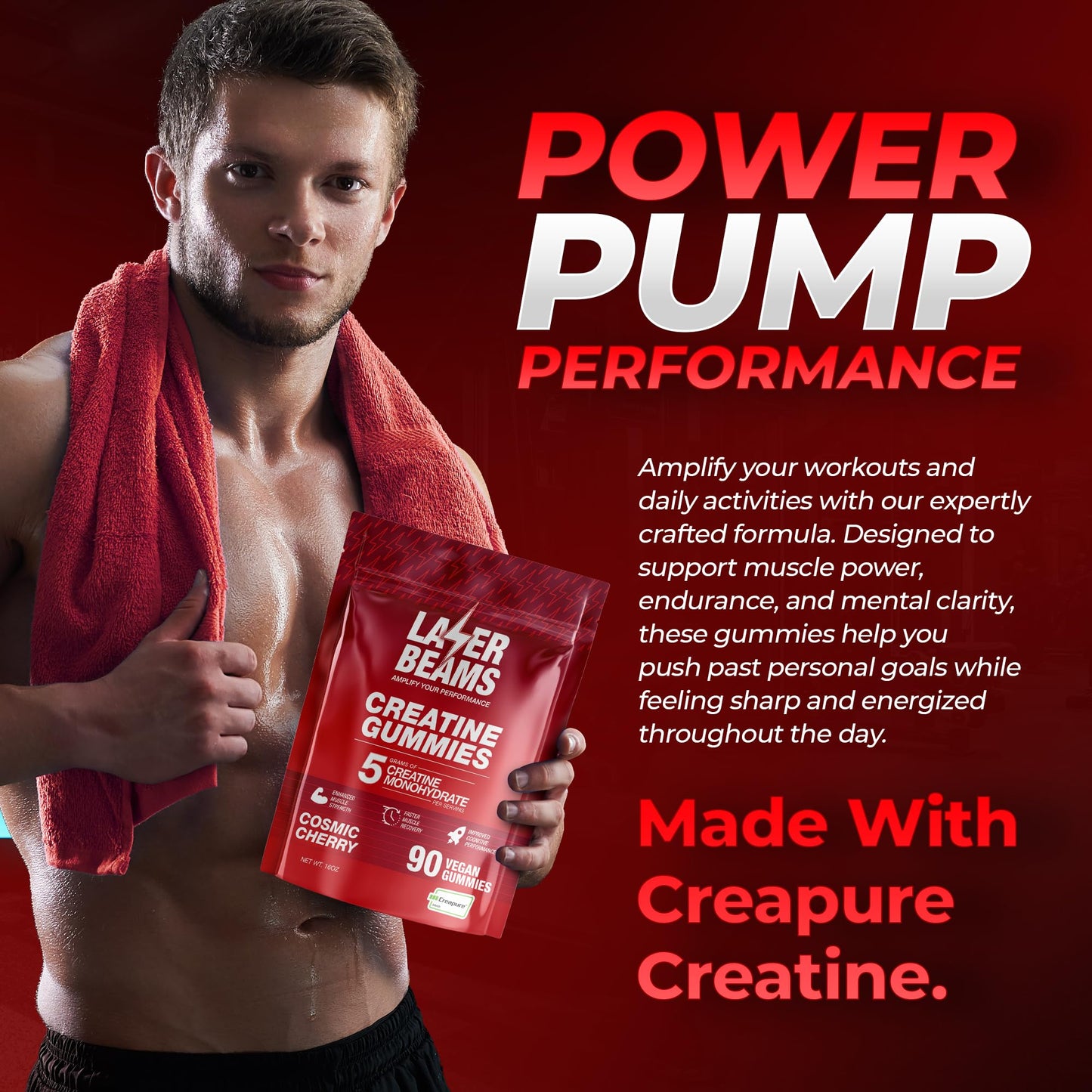 Laser Beams Creatine Monohydrate Gummies - 5g Creapure per Serving - Vegan, Gluten-Free - 90 Gummies
