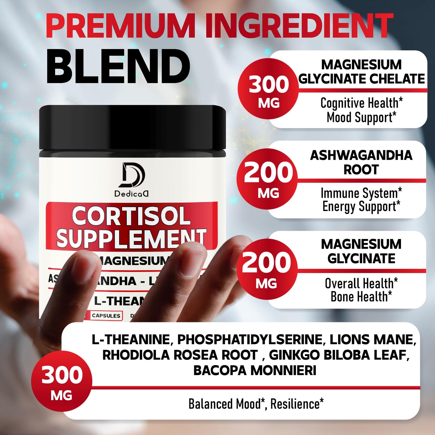 DEDICAD 9in1 Cortisol Supplement with Ashwagandha and Magnesium Glycinate and Chelate - Brain Health, Restful Night and Mood Balance, 90 Capsules