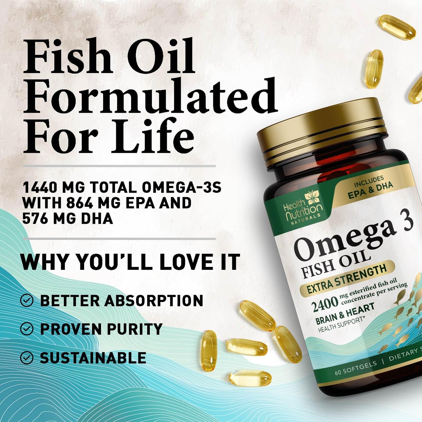 Health Nutrition Naturals Omega 3 Fish Oil Softgels 60 Count