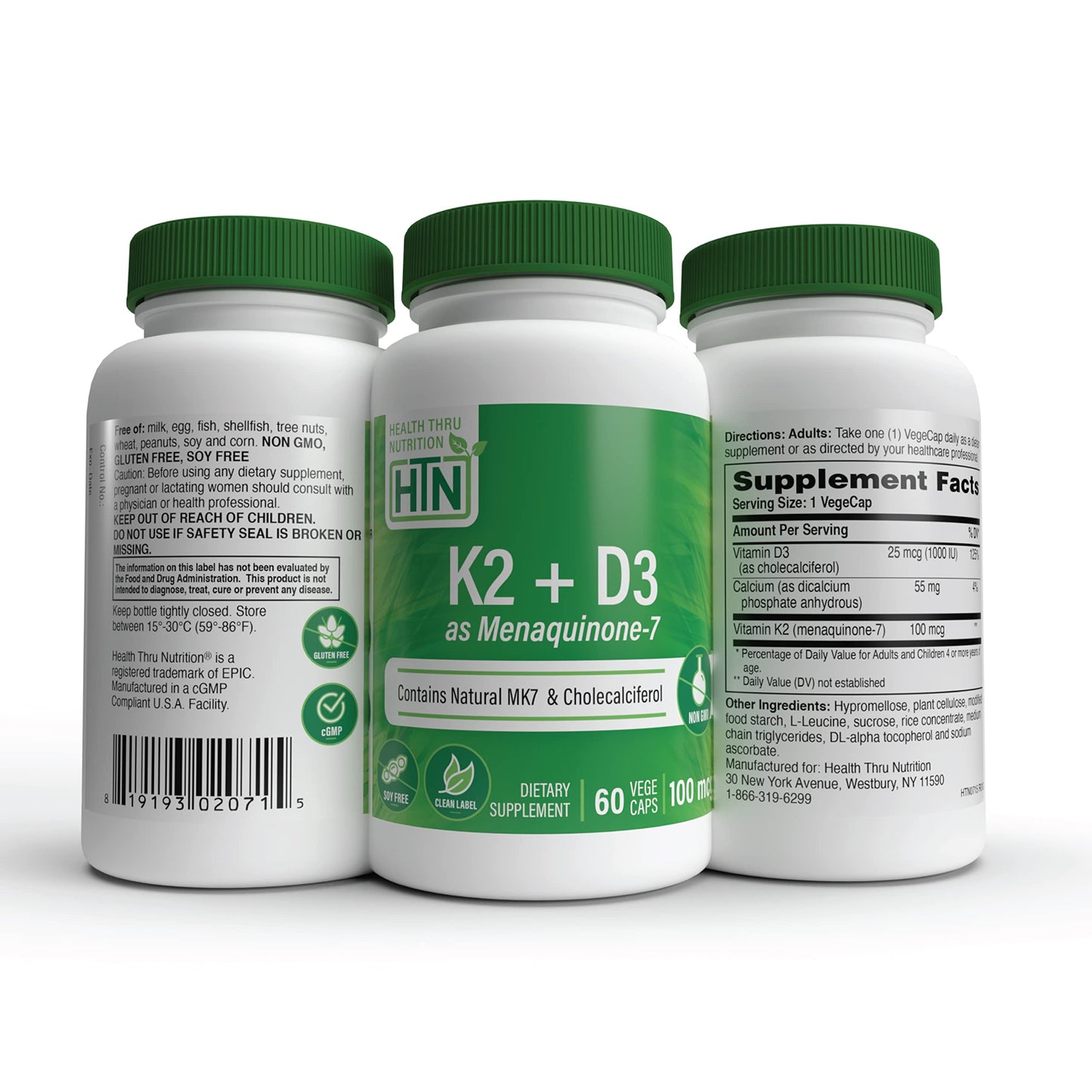 Health Thru Nutrition Advanced K2 (MenaQ7) (100mcg) with Vitamin D3 (1000 IU), 60 VegeCaps Capsules