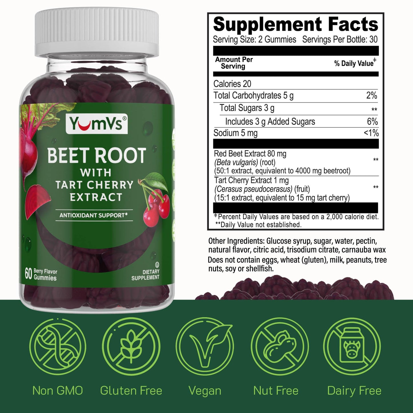 YUM-V'S Beet Root Gummies with Tart Cherry Extract - Berry Flavor, 60 Count Gummies