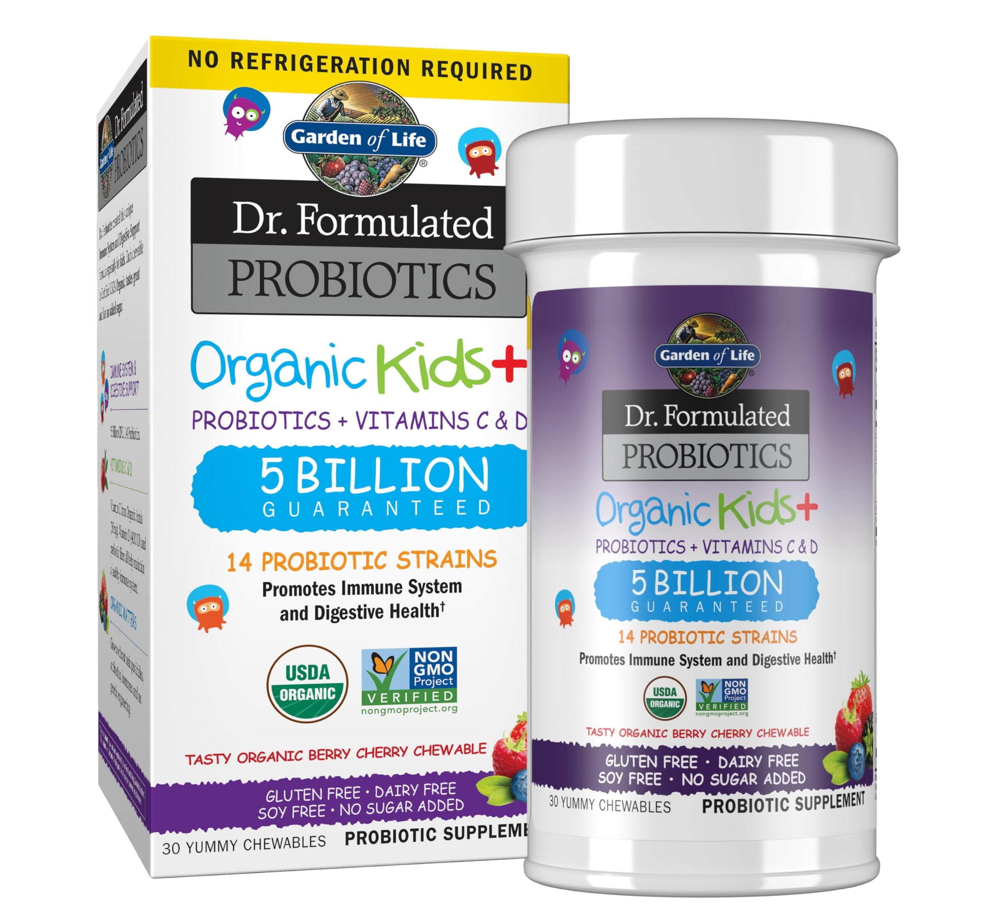 Garden of Life Dr. Formulated Probiotics Organic Kids+ plus Vitamin C & D - Berry Cherry Chewable, 30 Chewables
