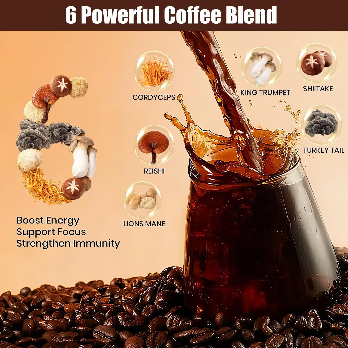 MYKORA Mushroom Coffee 2000mg Powder, Organic Instant Coffee with 6 Adaptogenic Mushrooms (Lion’s Mane & Turkey Tail), MCT Oil & Coconut, 6.35 oz