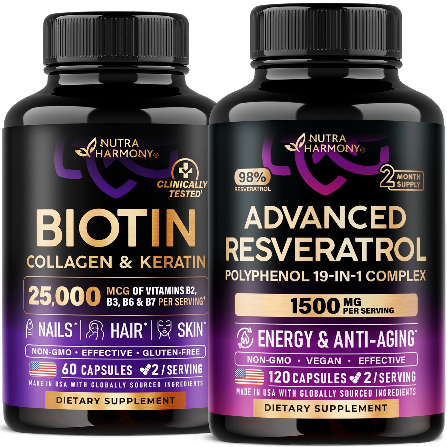 NUTRAHARMONY Biotin, Collagen, Keratin & Resveratrol Blend Capsules, 180 Capsules