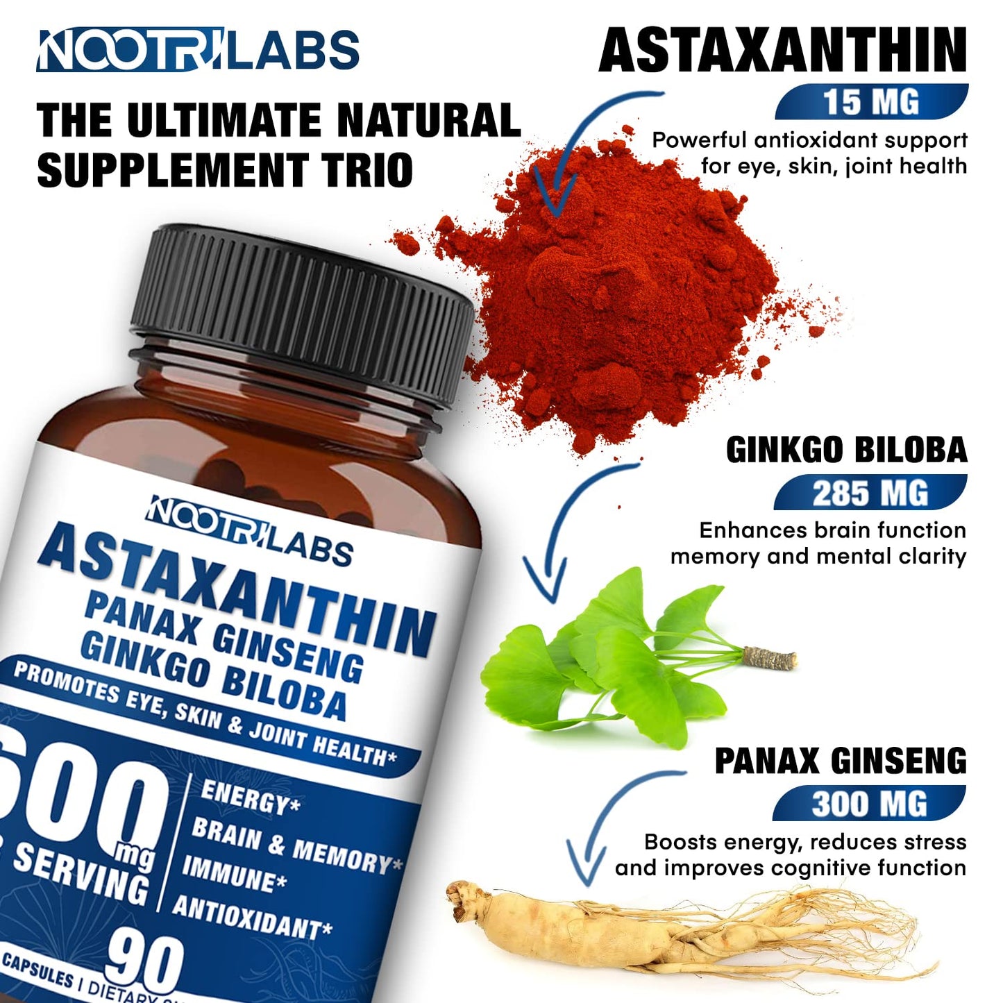 Nootrilabs Naturals Astaxanthin 15mg + Panax Ginseng, Ginkgo Biloba Capsules, 90 Count