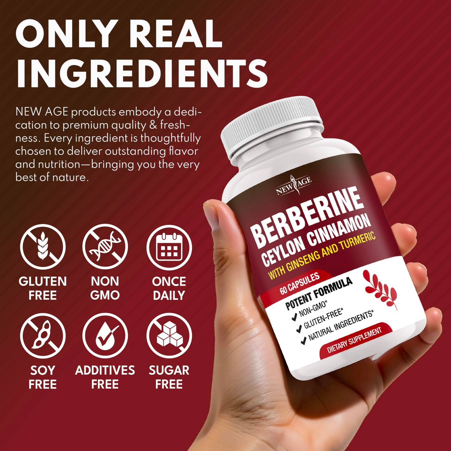 New Age Berberine HCL Plus Ceylon Cinnamon Turmeric Licorice Extract, Gymnema Sylvestre, Apple Cider Vinegar, Berberine HCI Root Supplements Capsules, 180 Count