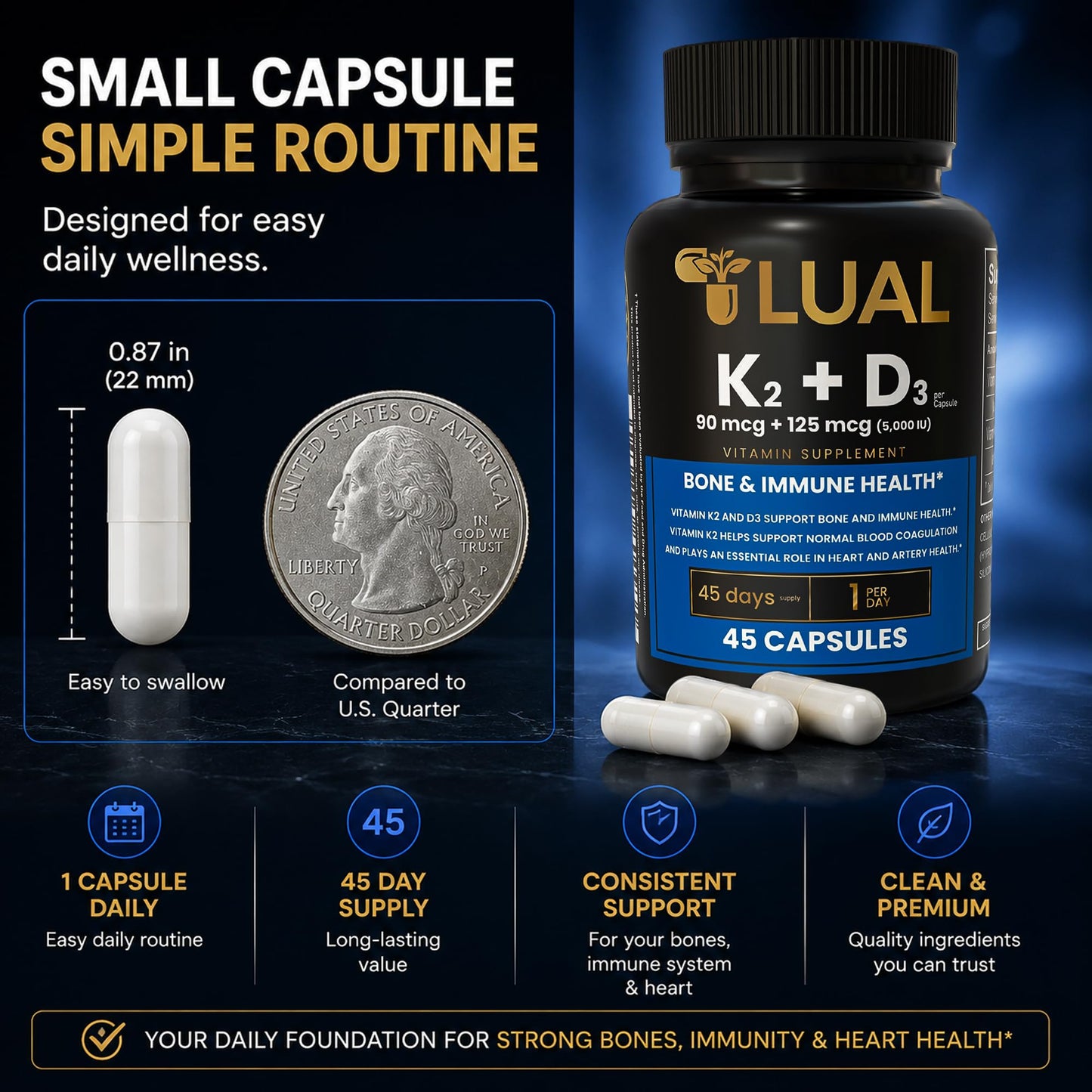 LUAL Vitamin K2 + D3 Supplement 45 Capsules