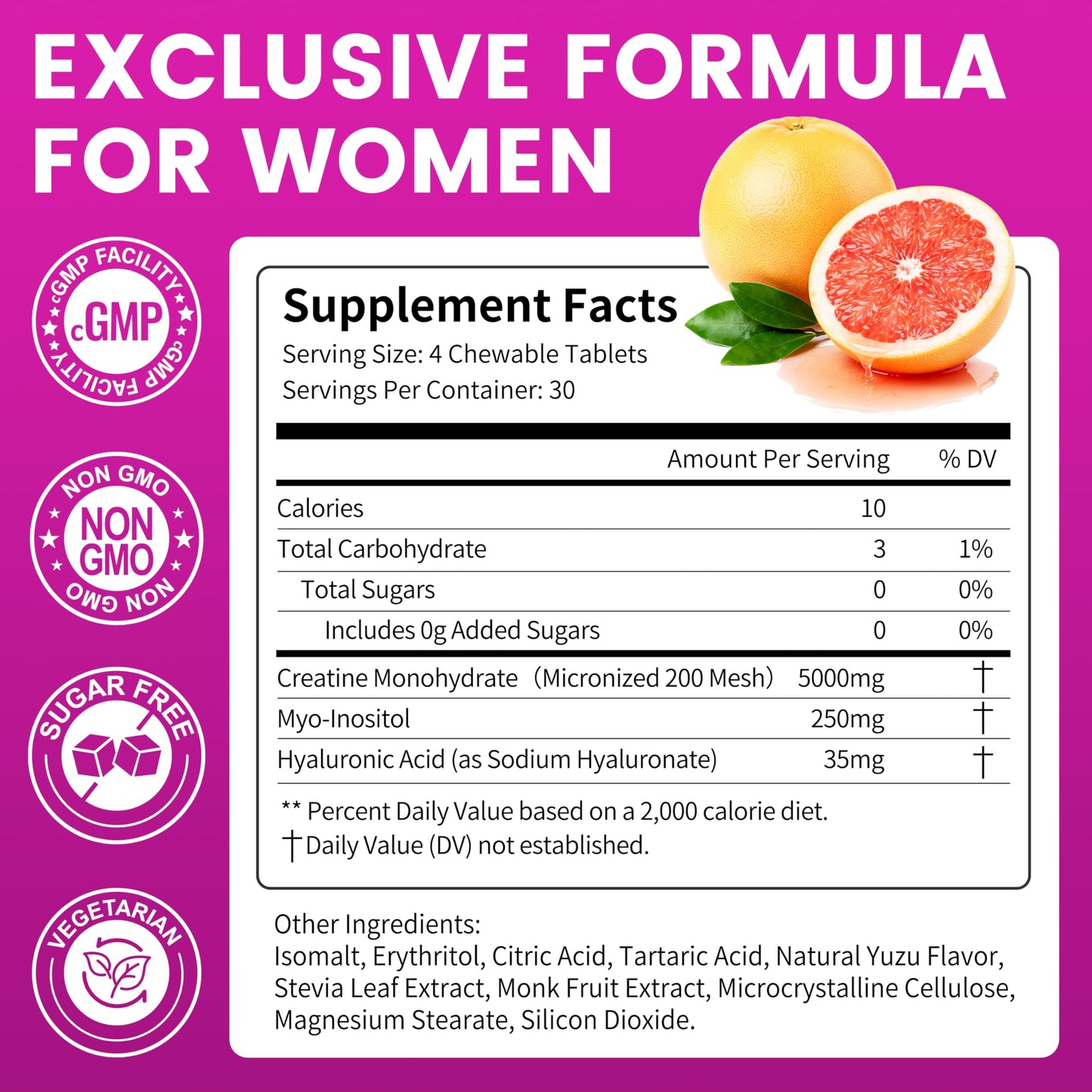 Vitarevive Creatine Monohydrate for Women Chewable Tablets – Micronized & Instantized Creatine Chews, Yuzu Flavor, Clean Creatine Supplement for Women, 120 Tablets