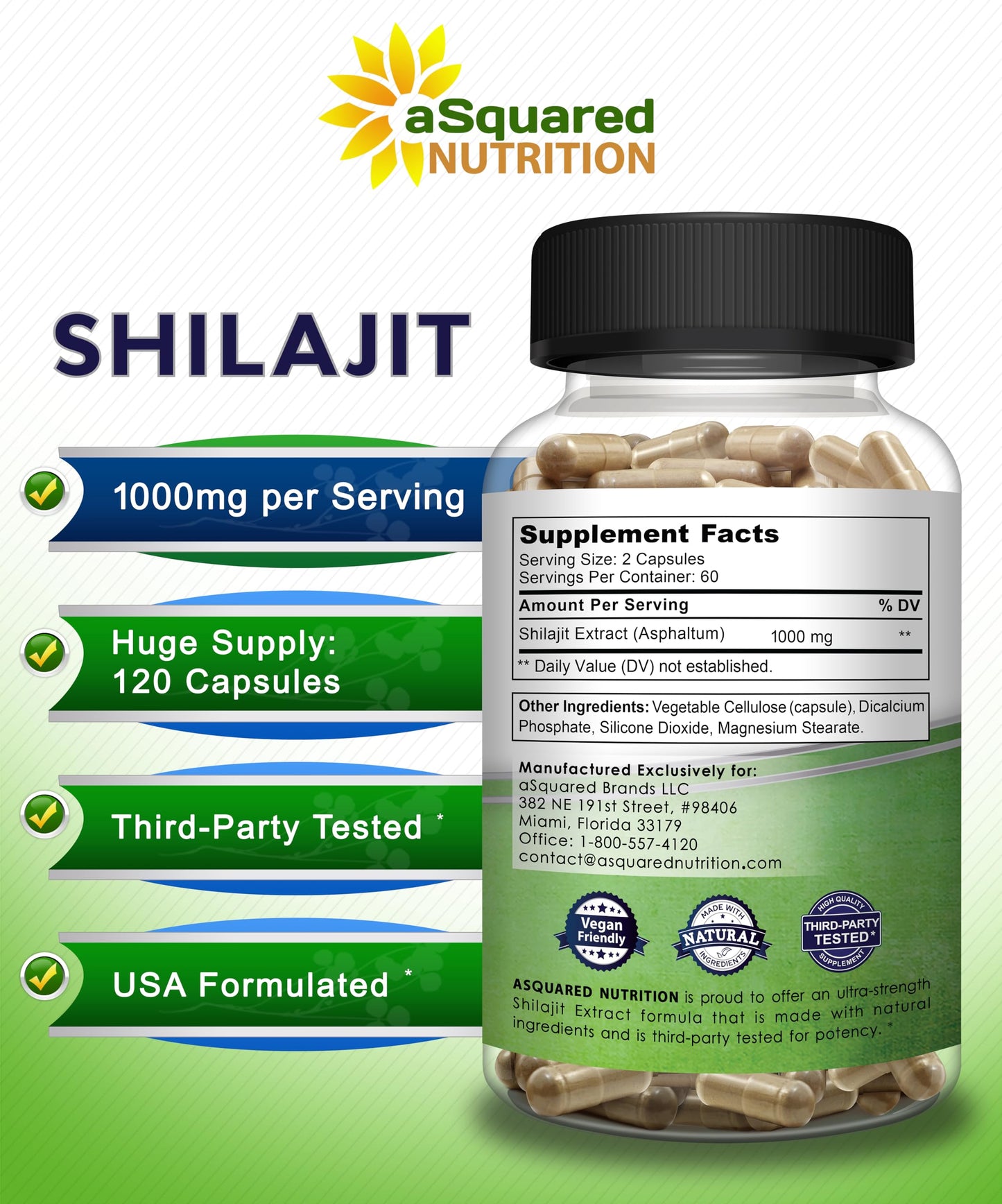 aSquared Nutrition Shilajit 1000mg Capsules, 120 Count