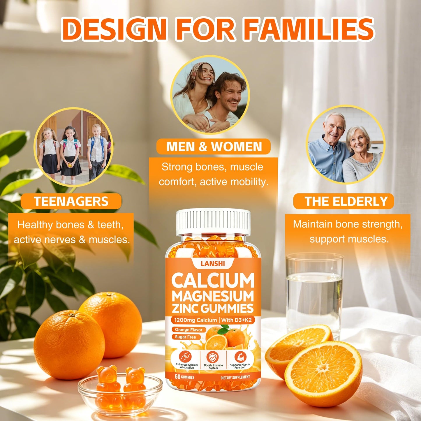 LANSHI Calcium Gummies 1200 mg with Vitamin D3, K2, B12, Magnesium & Zinc 60 Count
