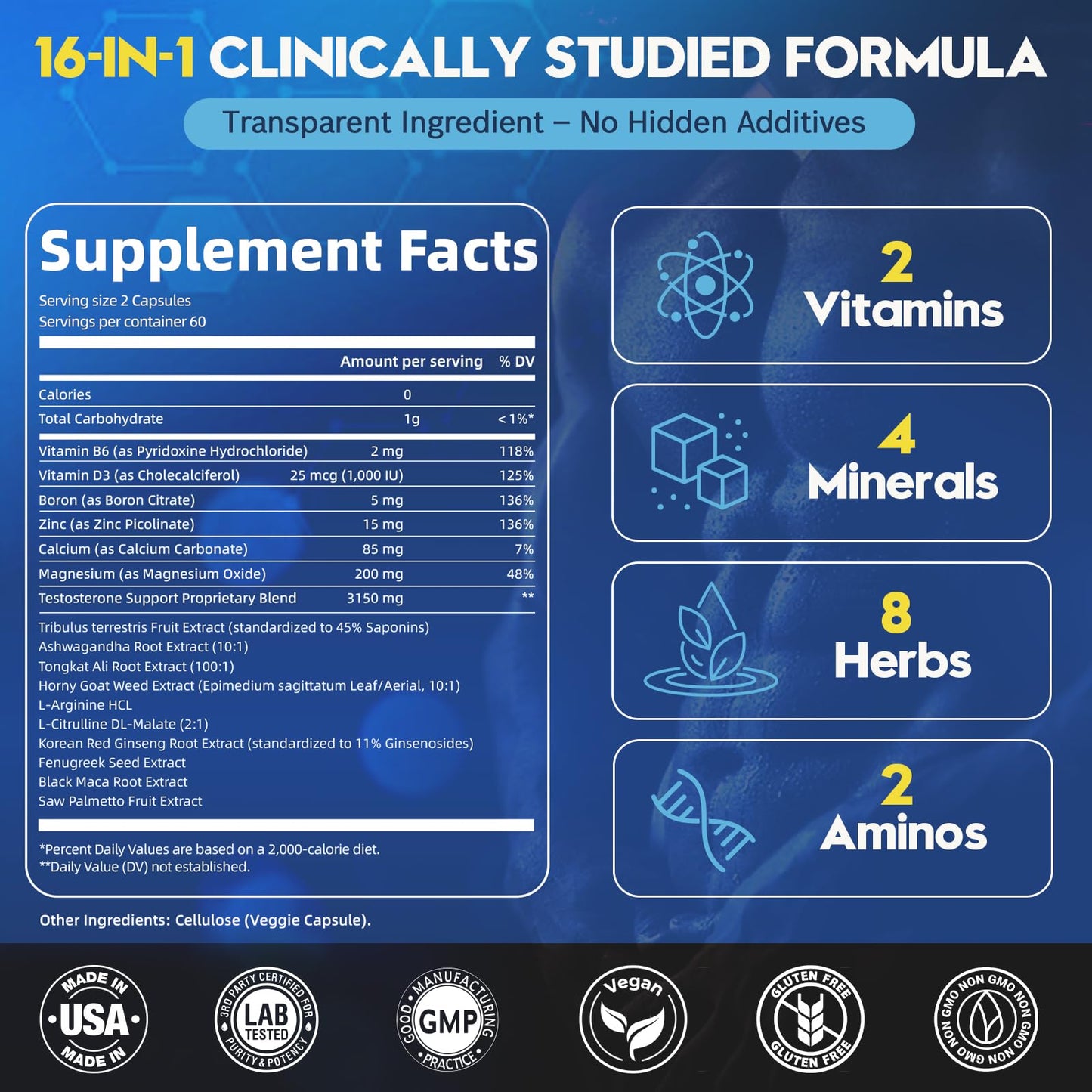 Vesmeris Testosterone Booster for Men - 16-in-1 Complex Male Enhancing Supplement - Tongkat Ali, Fenugreek, Horny Goat Weed - Natural Workout Supplement for Energy, Stamina, Muscle, Strength & Drive - 120 Capsules
