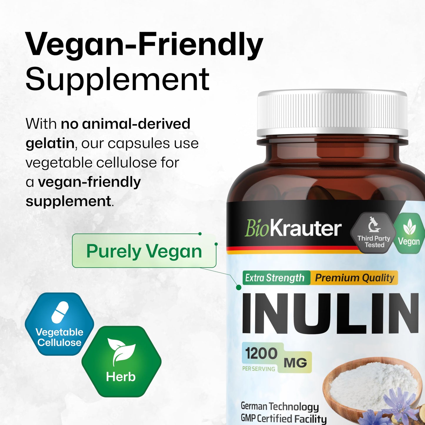 BIO KRAUTER Inulin Powder from Chicory Root Capsules, 250 Count