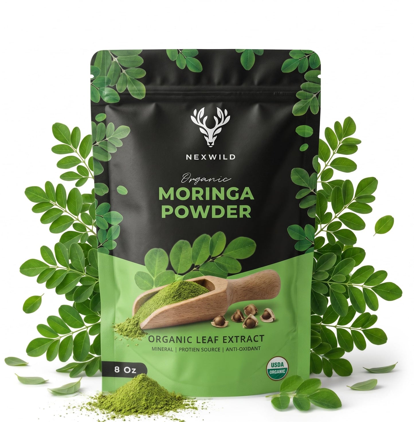 Nexwild Organics Moringa Oleifera Leaf Powder 8 O unces