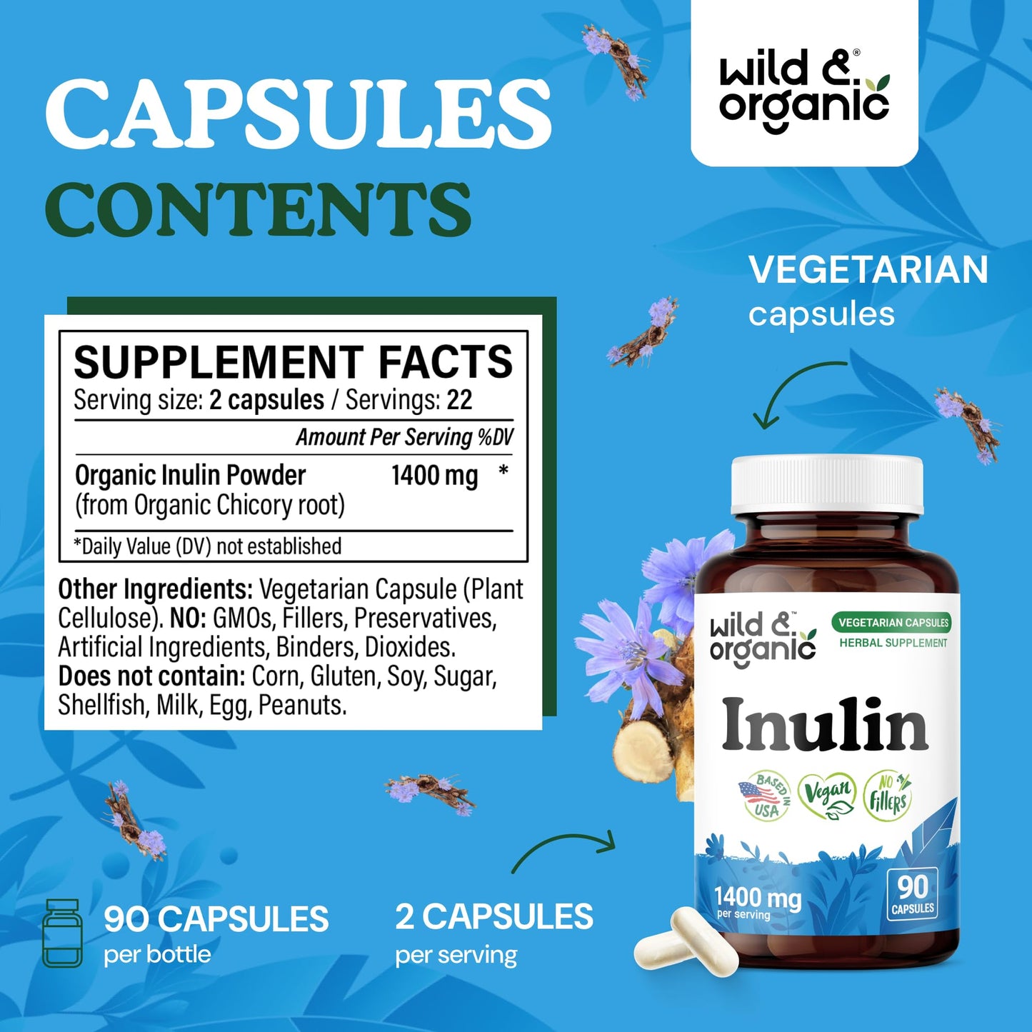 Wild & Organic Inulin Capsules 1400 mg, 90 Count