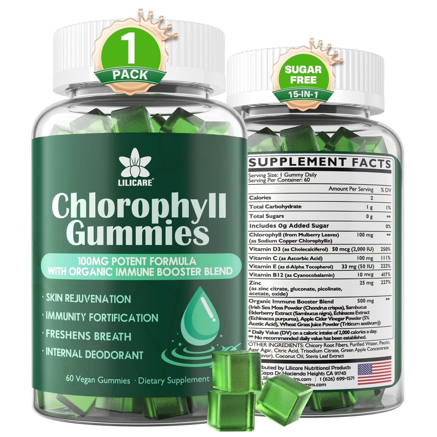LILICARE Chlorophyll Gummies Super Green + Collagen Peptides 3000mg, 120 Gummies