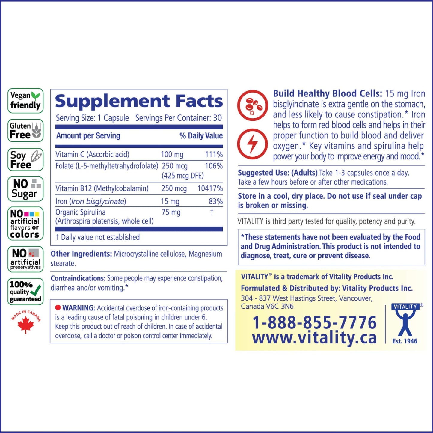 Vitality Daily Iron + Organic Spirulina, 60 Veg Capsules
