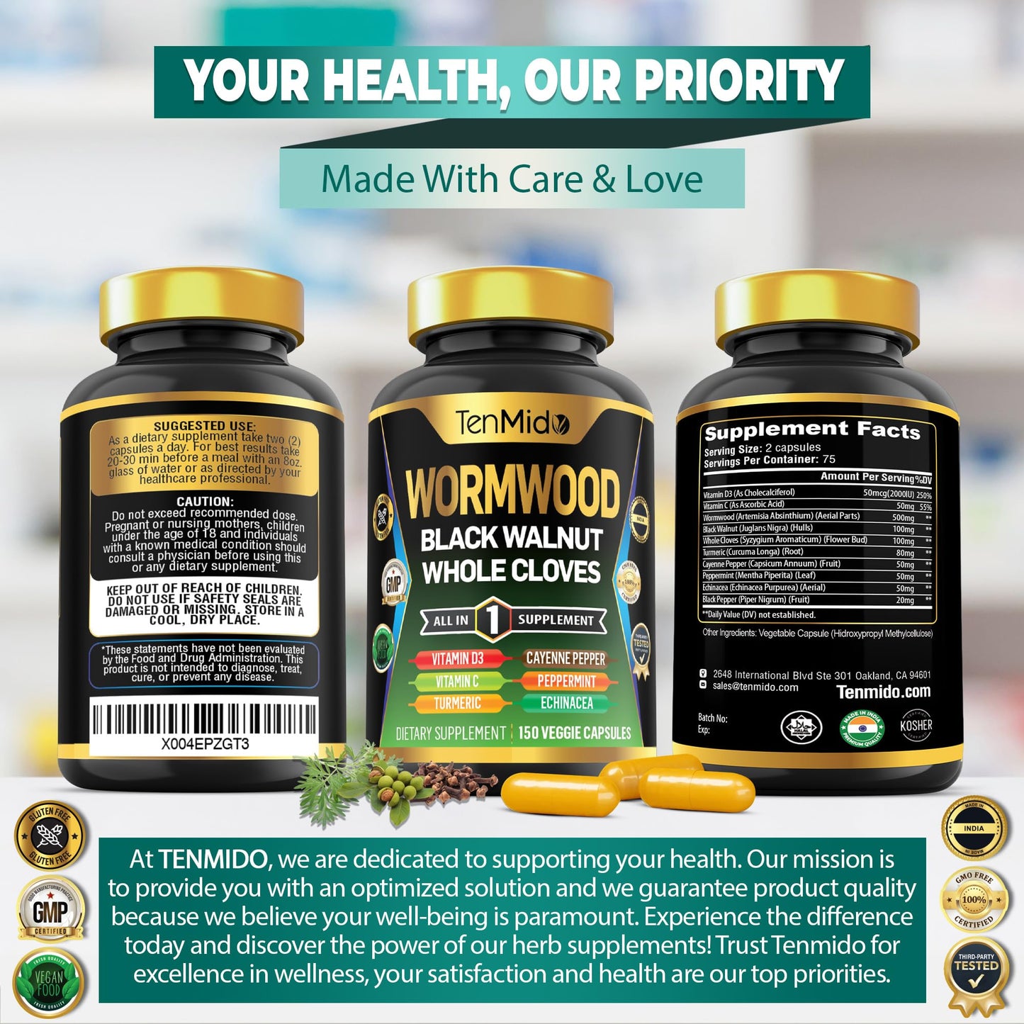 Tenmido Wormwood Capsules, 150 Count