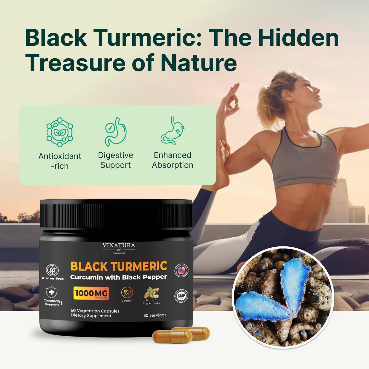 VINATURA Black Turmeric, Curcumin with Black Pepper 1000mg - Turmeric Curcumin with Turmeric Black - Curcuma Caesia, Curcuma Longa, Black Pepper 95% Piperine, 60 Capsules
