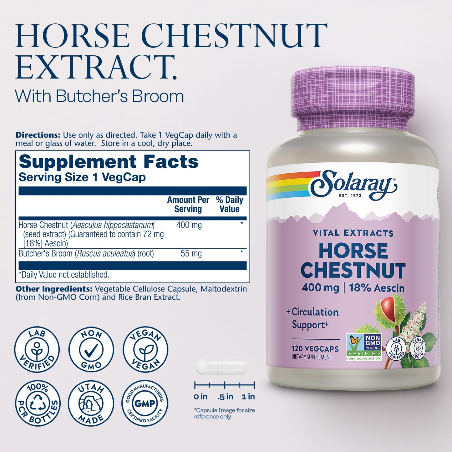 SOLARAY Horse Chestnut Extract 400 mg (72 mg Aescin) with 55 mg Butchers Broom, Vein & Blood Circulation, 120 Capsules