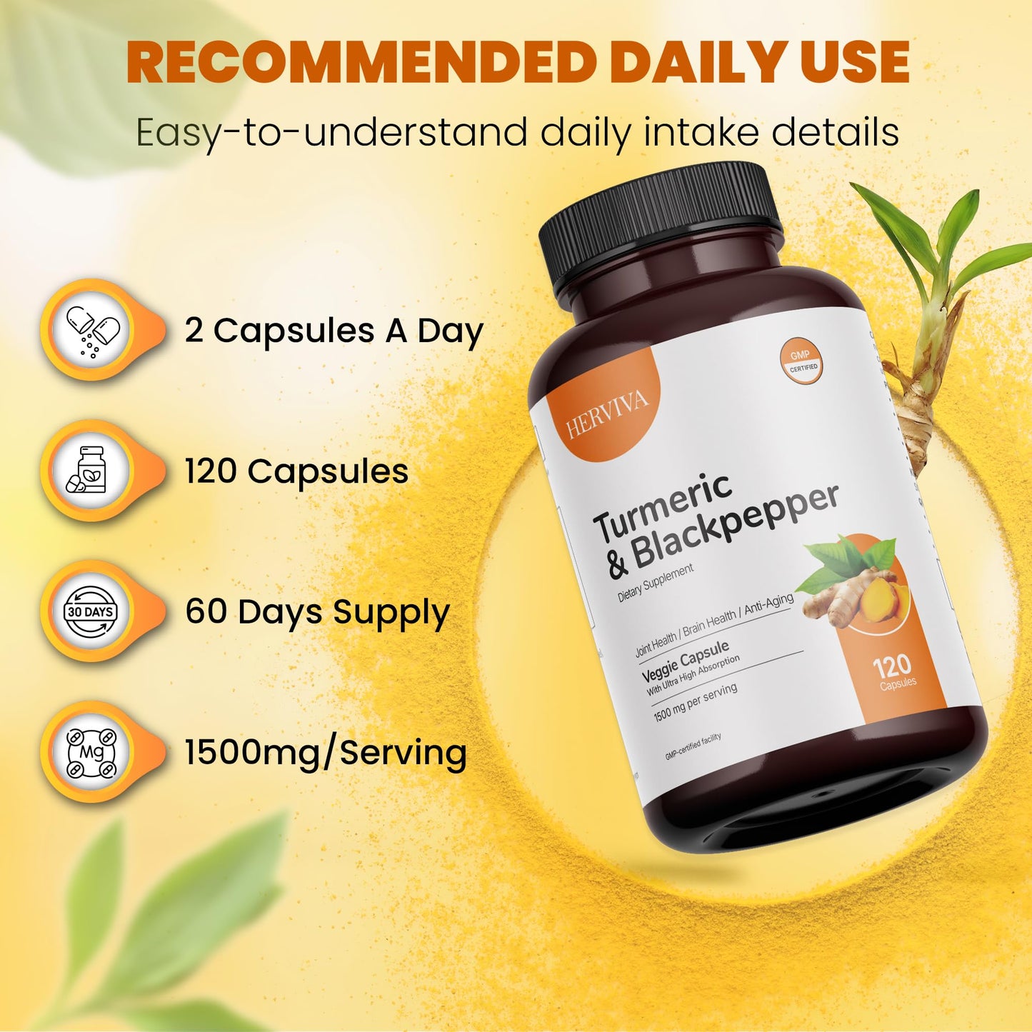 HERVIVA Turmeric Curcumin 1500mg with Black Pepper 5mg Vegan Capsules, 120 Count