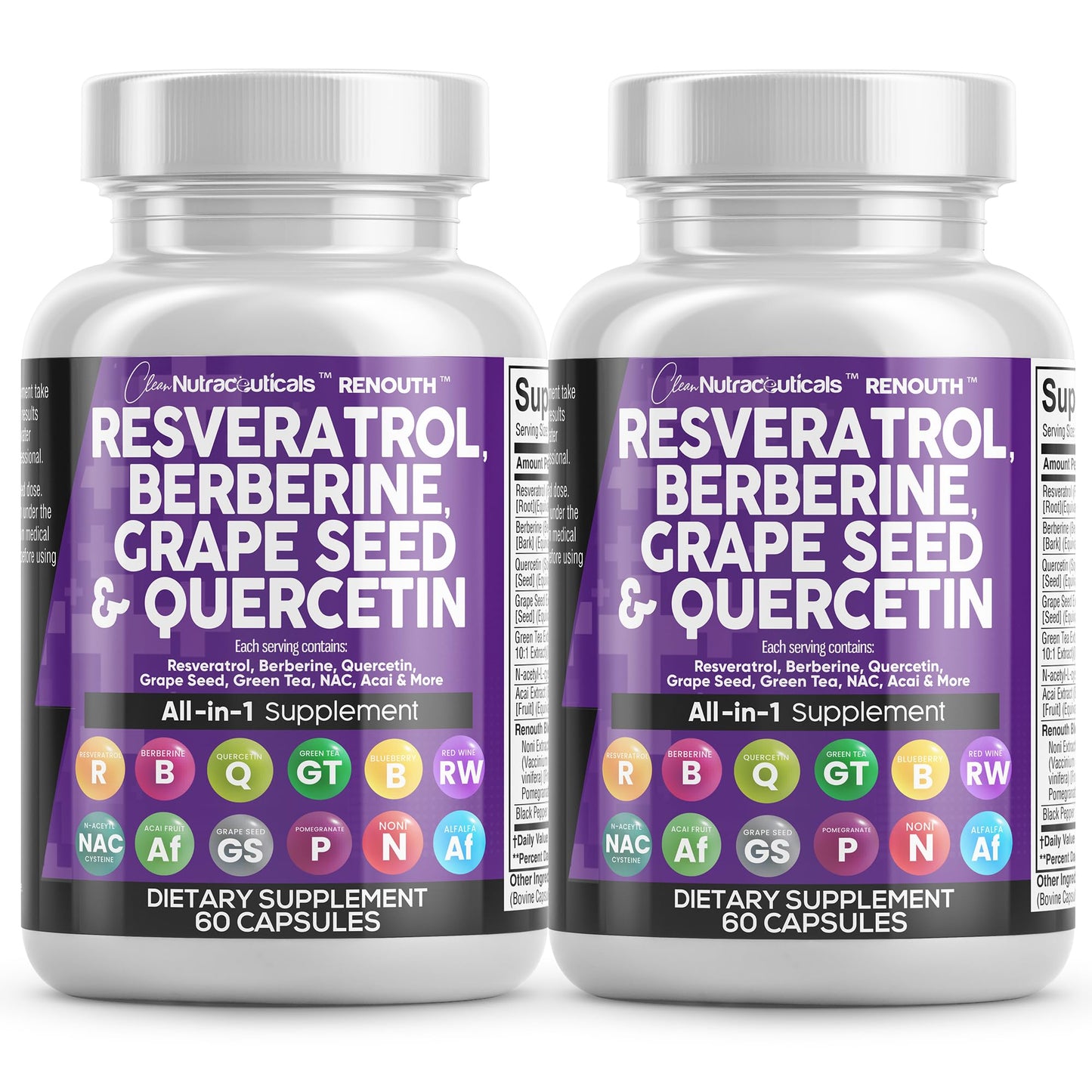 Clean Nutraceuticals Resveratrol Berberine Grape Seed Extract Quercetin Green Tea Extract Polyphenol Supplement N-Acetyl Cysteine Acai, 60 Capsules