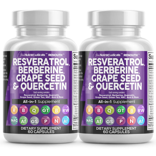 Clean Nutraceuticals Resveratrol Berberine Grape Seed Extract Quercetin Green Tea Extract Polyphenol Supplement N-Acetyl Cysteine Acai, 60 Capsules