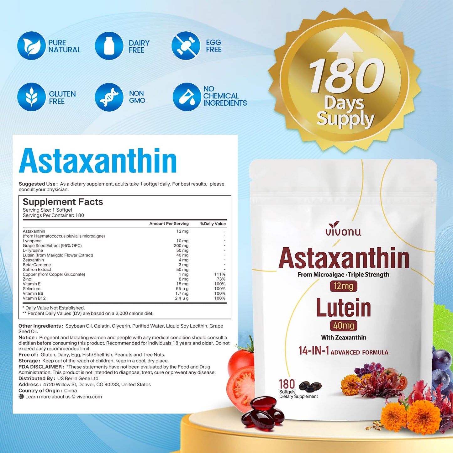 VivoNu Lutein 40mg with Zeaxanthin + Astaxanthin 12-in-1 Eye Support & Antioxidant Supplement – 180 Softgels