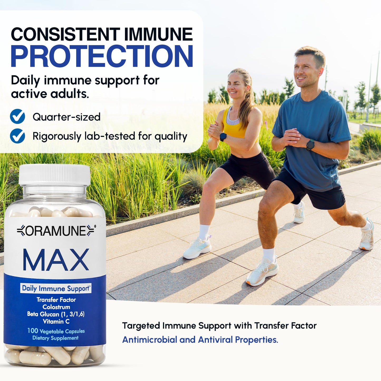 Oramune Max Support Supplement with Transfer Factor, Pure Bovine Colostrum, Beta-1, 3/1, 6-D Glucan & Vitamin C Capsules, 100 Count