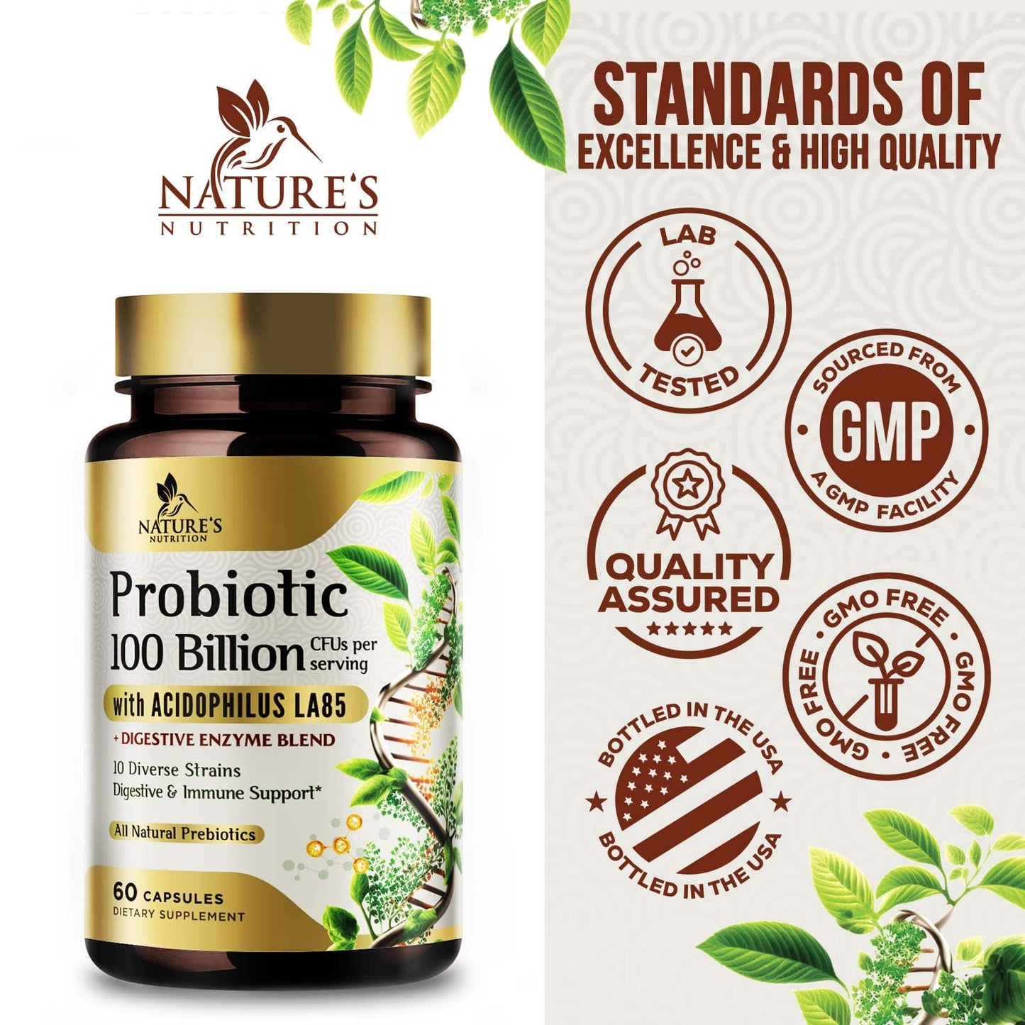 Nature's Nutrition Premium Probiotics 100 Billion CFU Per Serving, 10 Strains + Prebiotics, Gut Health for Women & Men, Immune Support, Digestive Health, Occasional Constipation & Gas, 60 Capsules