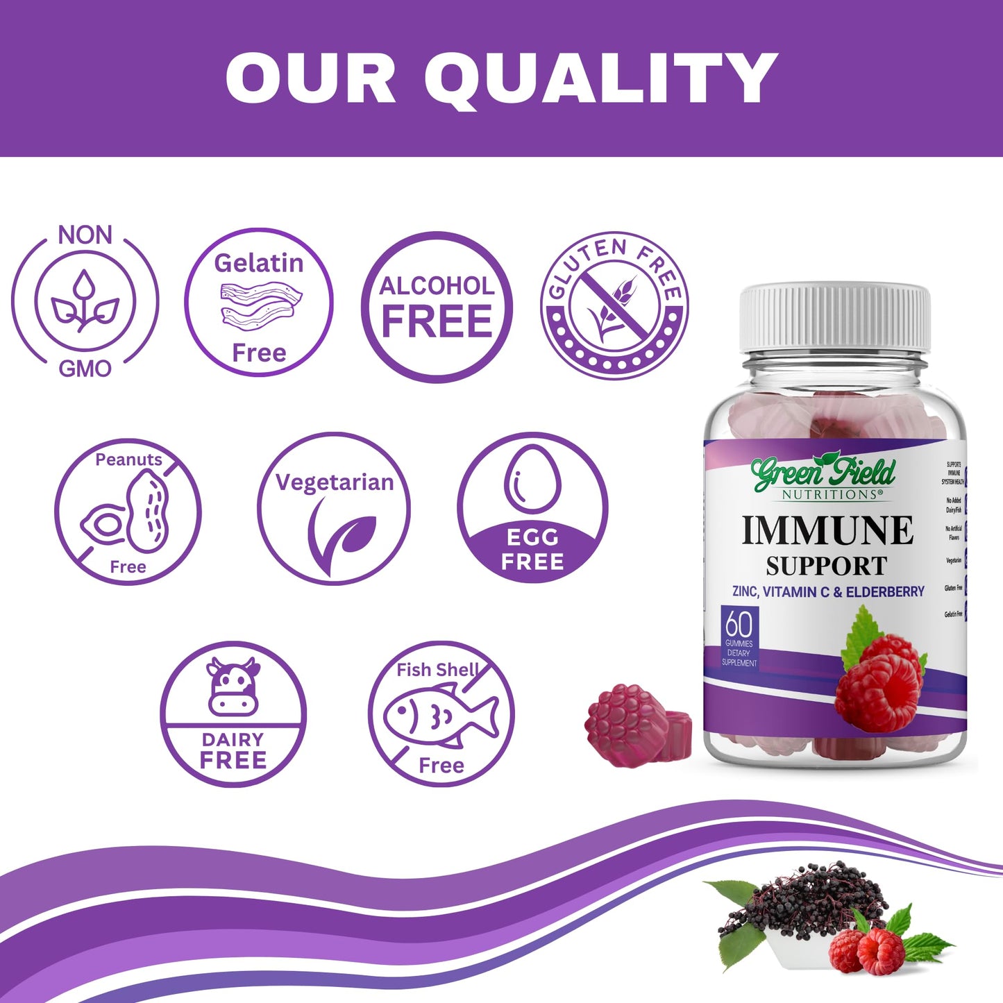 GREEN FIELD NUTRITIONS Halal Immune Support Elderberry Gummies, 60 Count