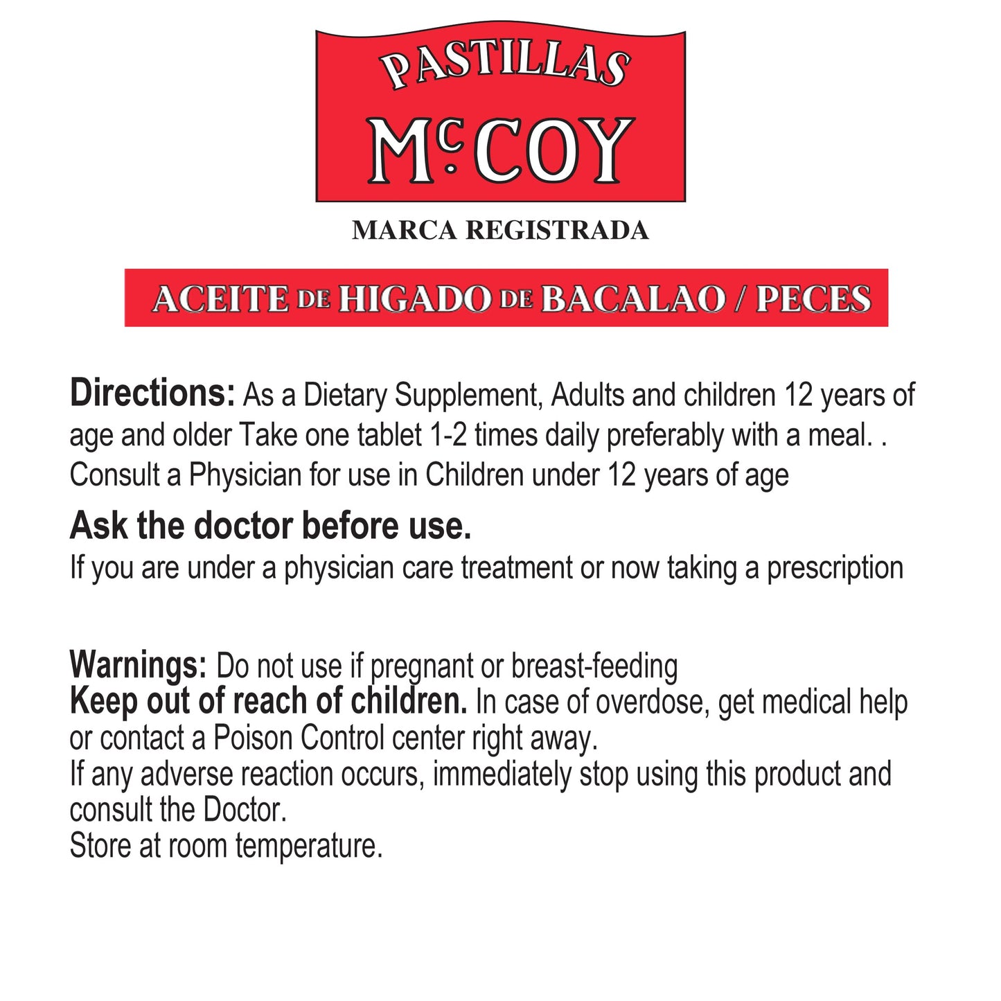 Pastillas McCoy Cod/Fish Liver Oil Extract Tablets, 40 Tablets