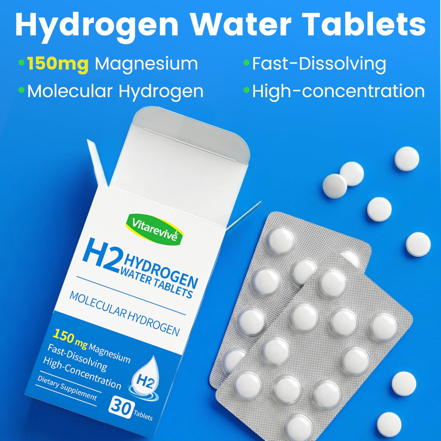 Vitarevive Molecular H2 Hydrogen Water Tablets with Magnesium, High Potency H2 Formula, Antioxidant Support, 60 Tablets
