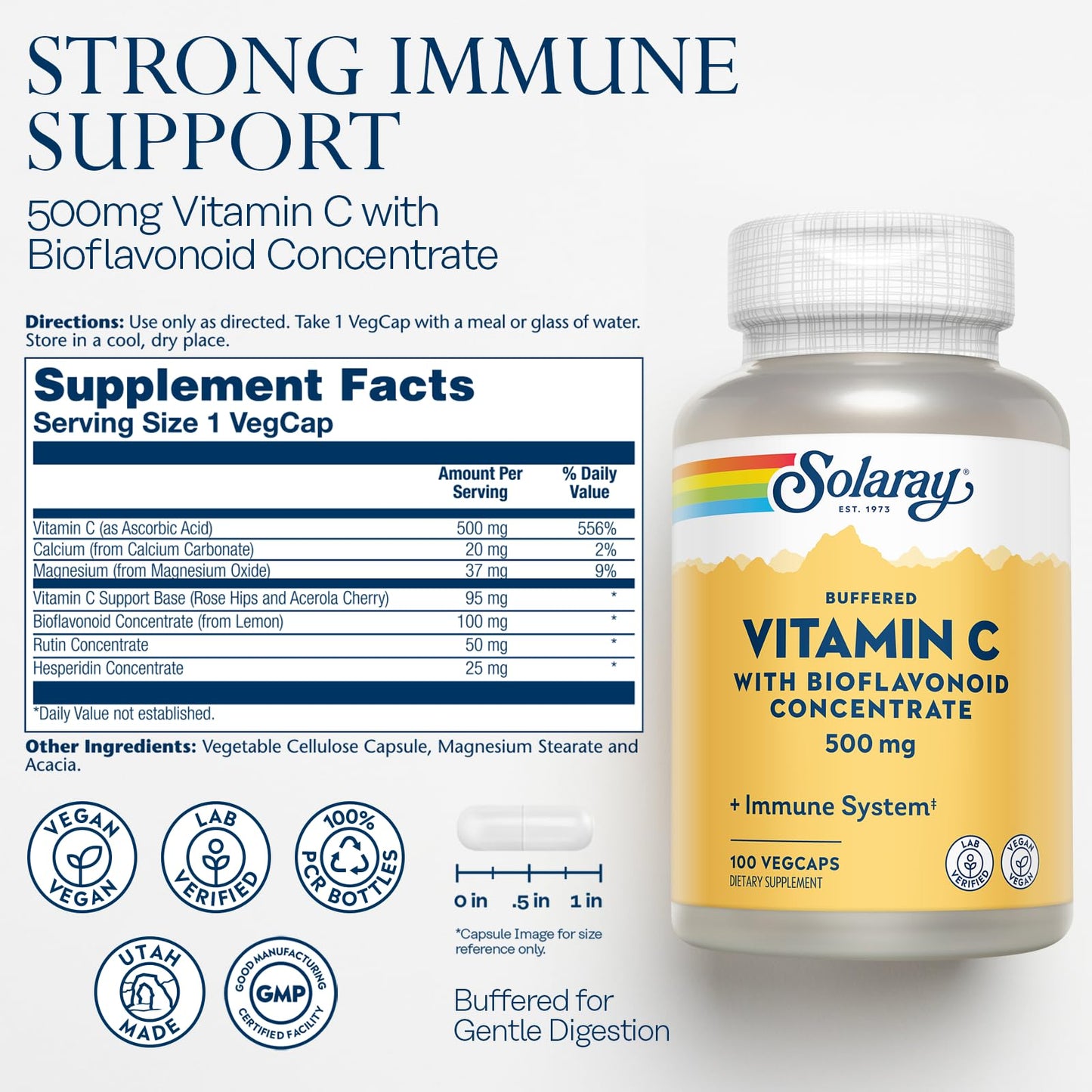 SOLARAY Buffered Vitamin C 500mg with Bioflavonoids, Rose Hips and Acerola Cherry VegCaps 100