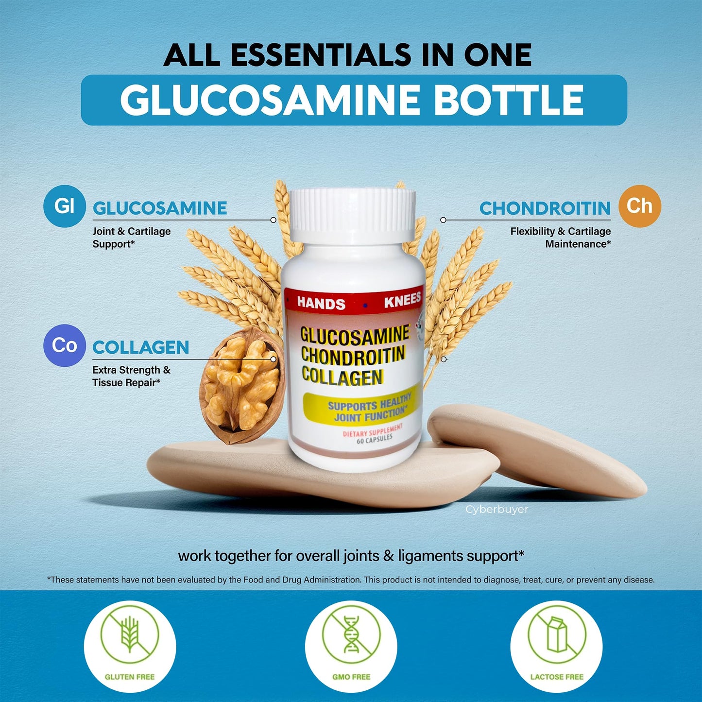 Generic Glucosamine & Chondroitin Hydrolized Collagen for Joint Support and Cartilage Supplement Glucosamine Sulfate 1000 mg, 60 Capsules