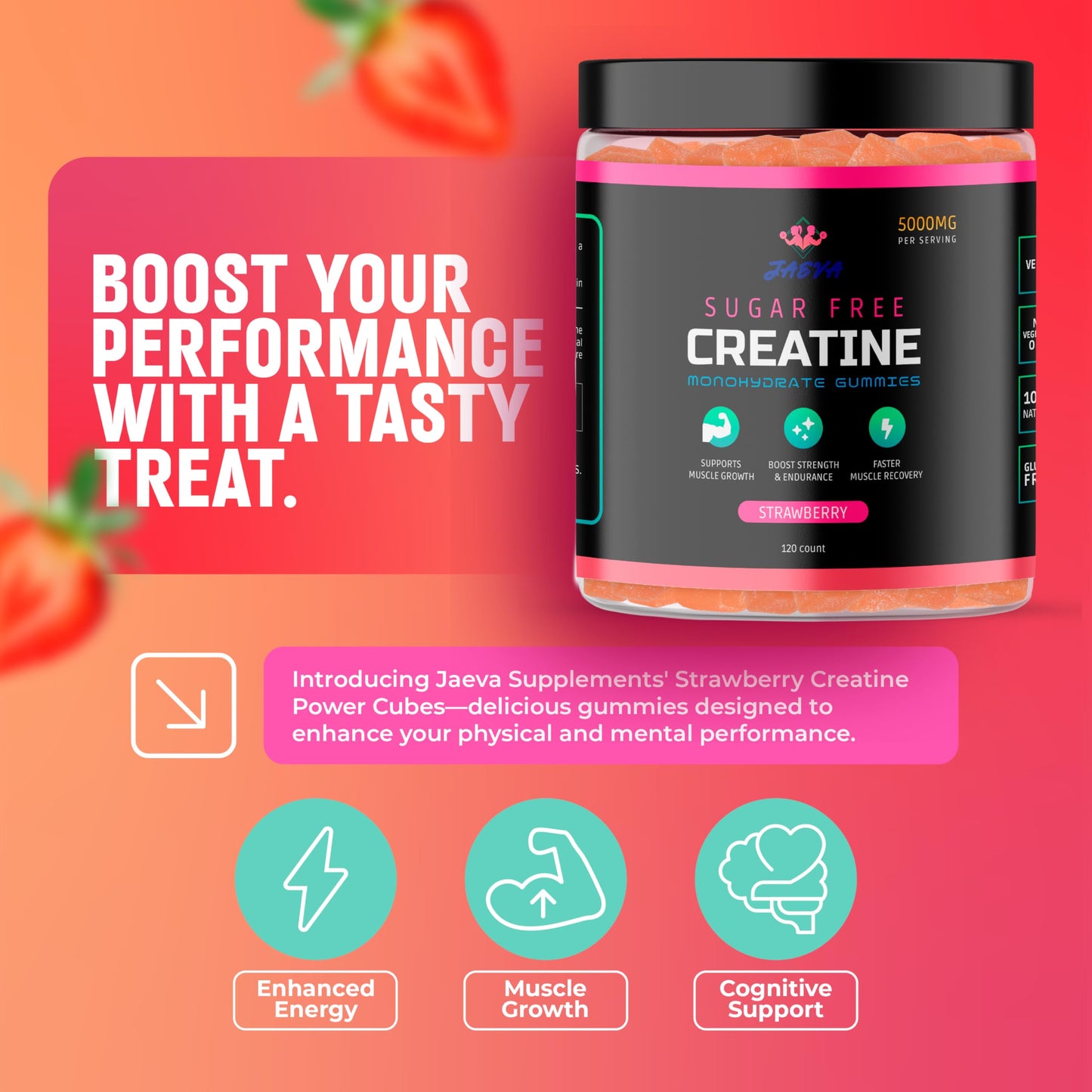 Jaeva Sugar Free Creatine Monohydrate Gummies 5g, Strawberry, 120 Gummies