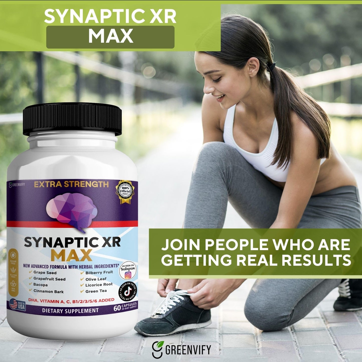 GREENVIFY Synaptic XR Max Extra Strength Brain Support Supplement with Herbal Ingredients, DHA Vitamins, Nootropic Formula 60 Capsules