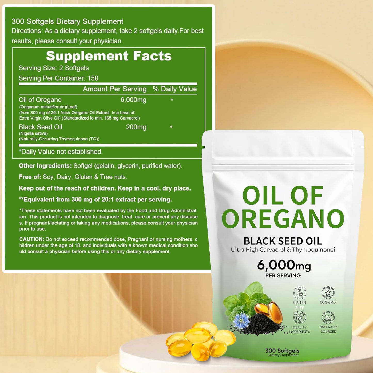 Plaxssuss Oil of Oregano with Black Seed Oil and Thymoquinone, 6000mg, Non-GMO, 300 Capsules