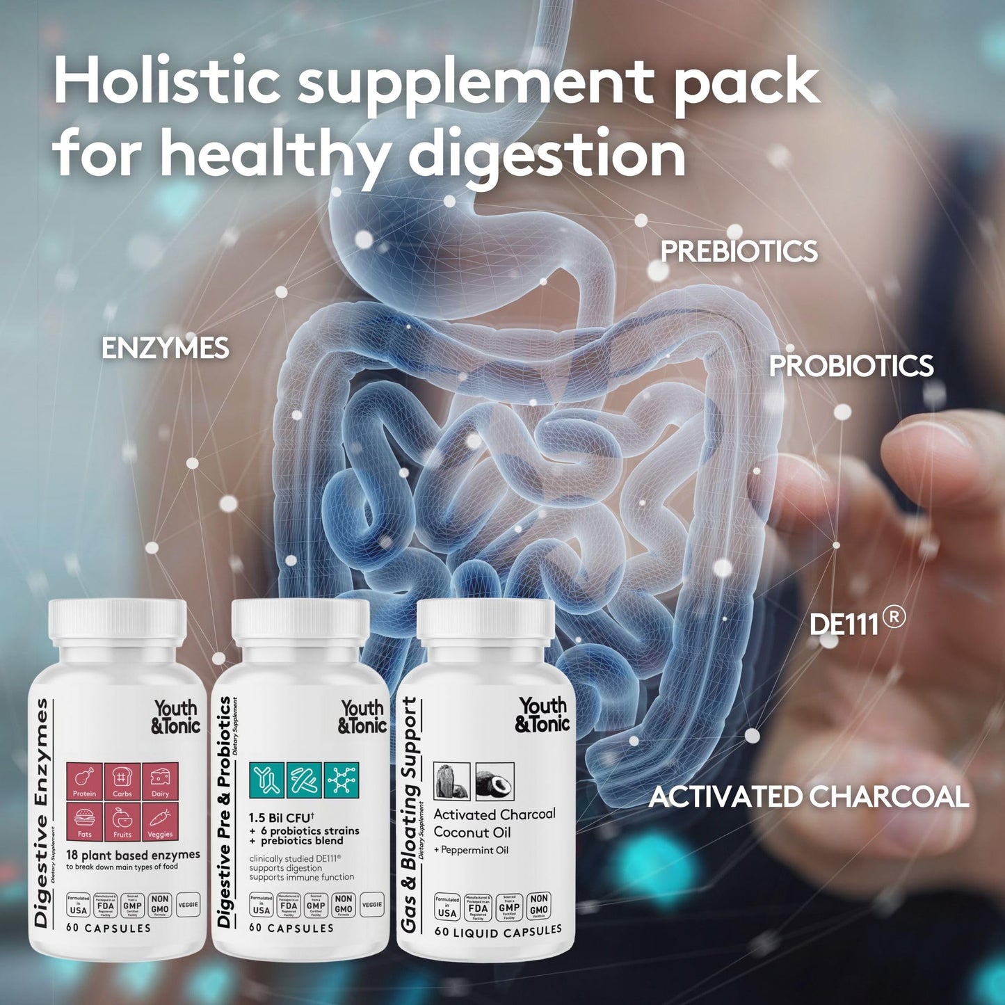 Youth & Tonic Digestion Stomach Support & Detox for Regularity, Gas & Bloating & Gut Health 180 Capsules