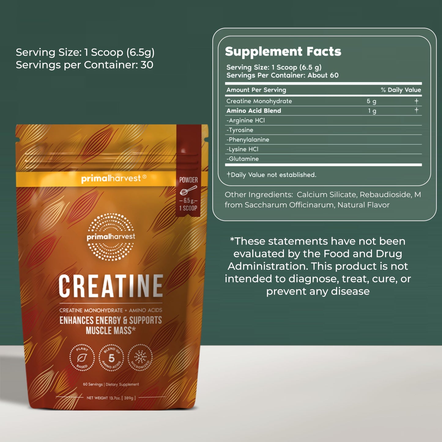 Primal Harvest Creatine Powder + Magnesium Capsules Bundle, 2-Pack, 60 Servings