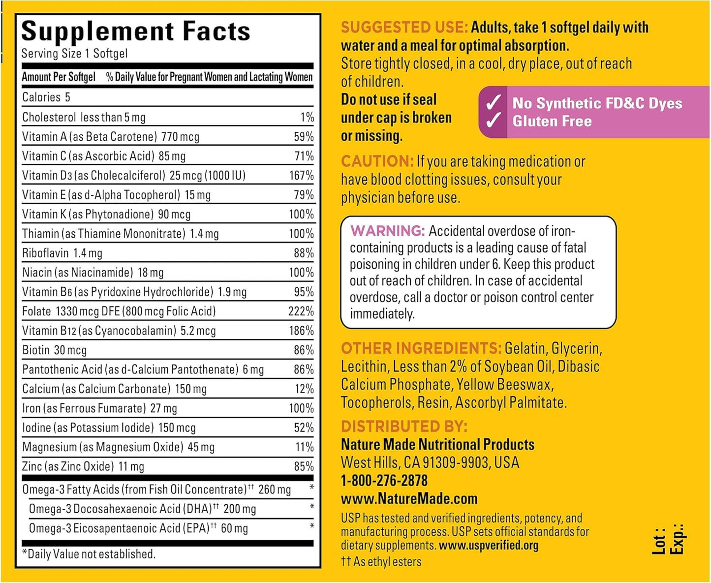 Nature Made Prenatal + DHA 200 mg Multivitamin Softgels, 60 Softgels