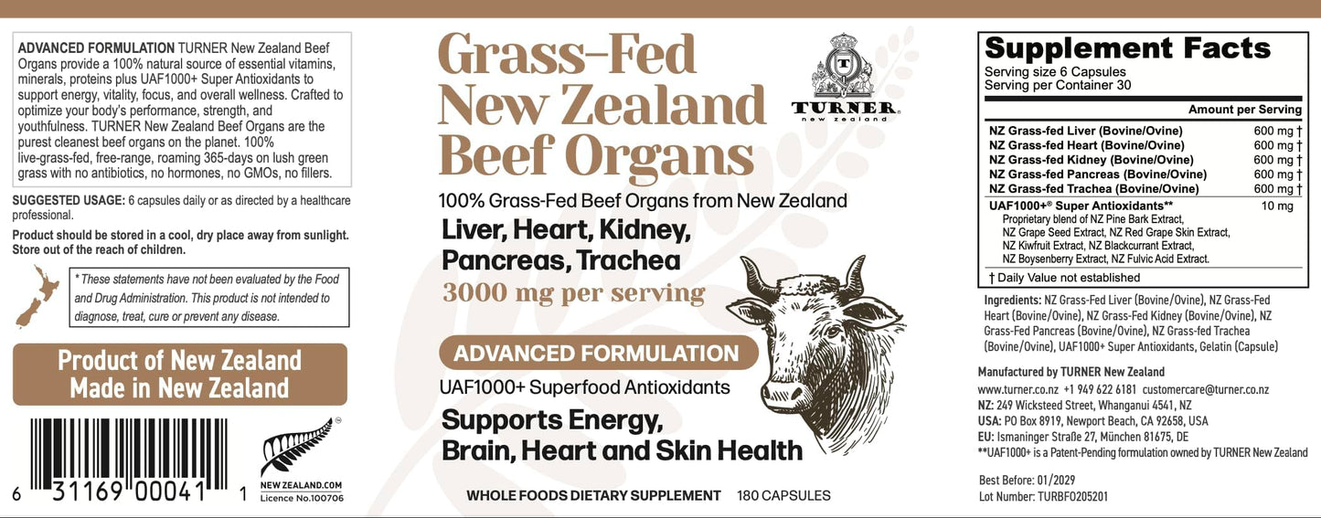 TURNER New Zealand 100% Live-Grass-Fed Beef Organs Complex Capsule, 360 Capsules