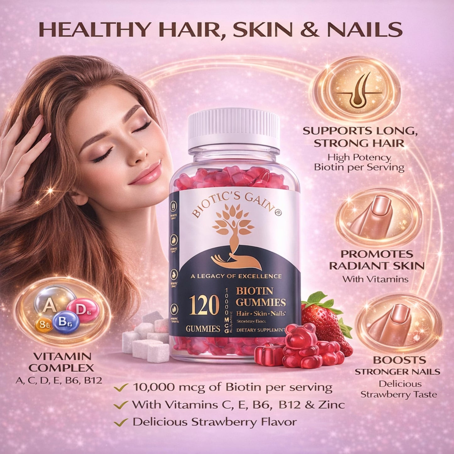 Biotic's Gain Biotin Gummies 10000 mcg, Hair Skin and Nail Support, Vegan, Sugar Free, 120 Count
