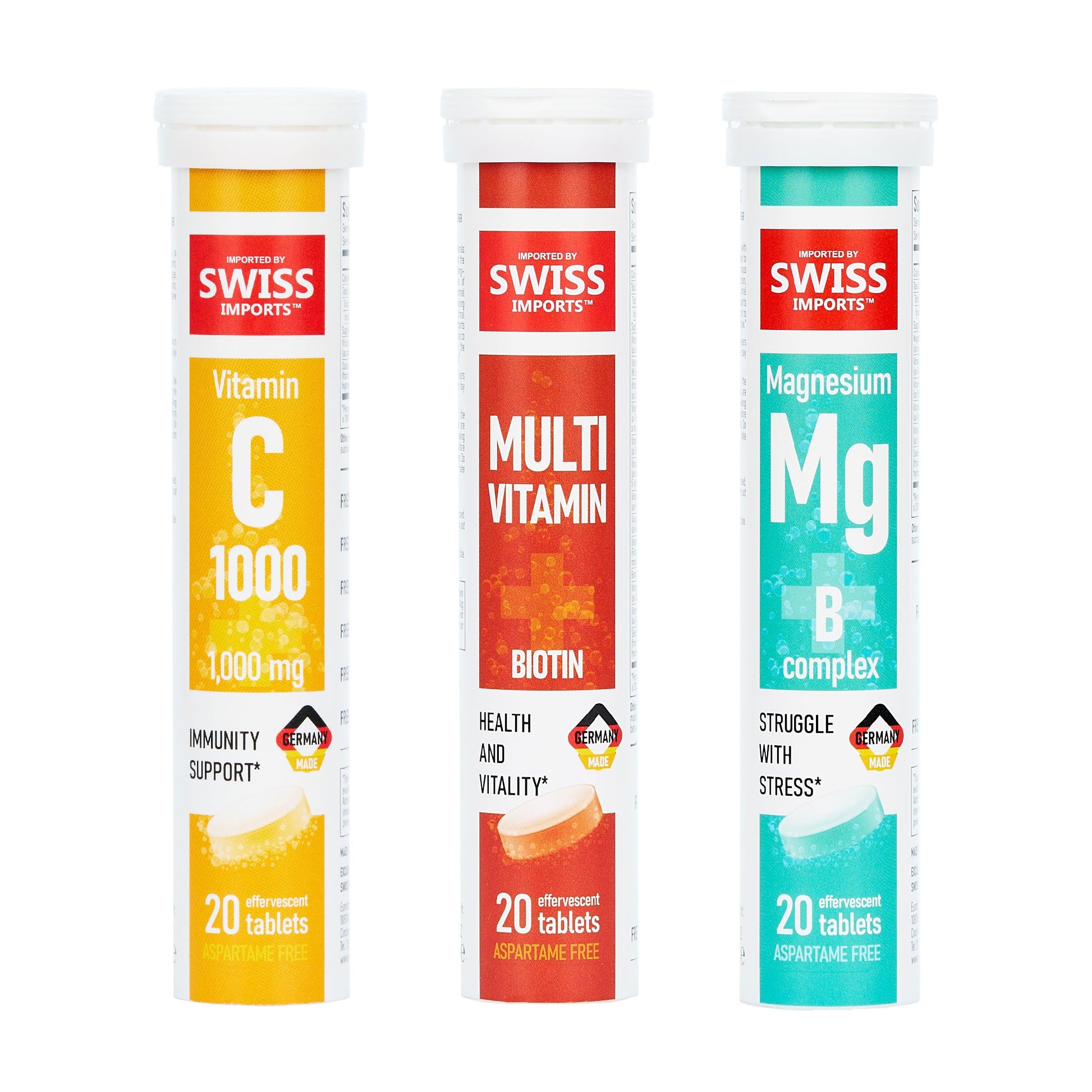 Swiss Imports Effervescent Variety Pack with Vitamin C 1000mg, Magnesium + B Complex, Multivitamin + Biotin, 240 Tablets