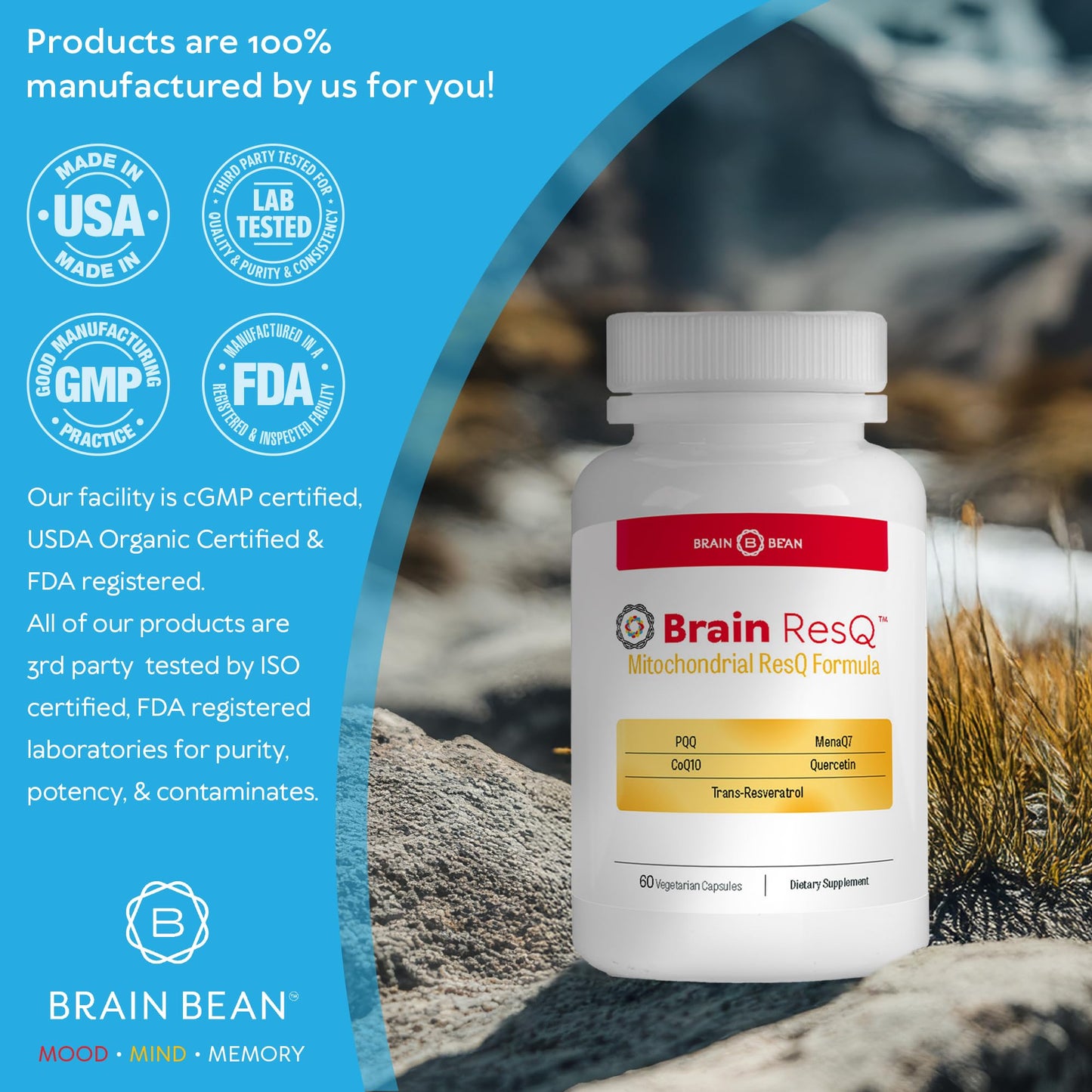 Brain Bean Brain ResQ Advanced Mitochondrial Formula with PQQ, CoQ10, Trans Resveratrol, MenaQ7 & Quercetin Supplement, 60 Capsules